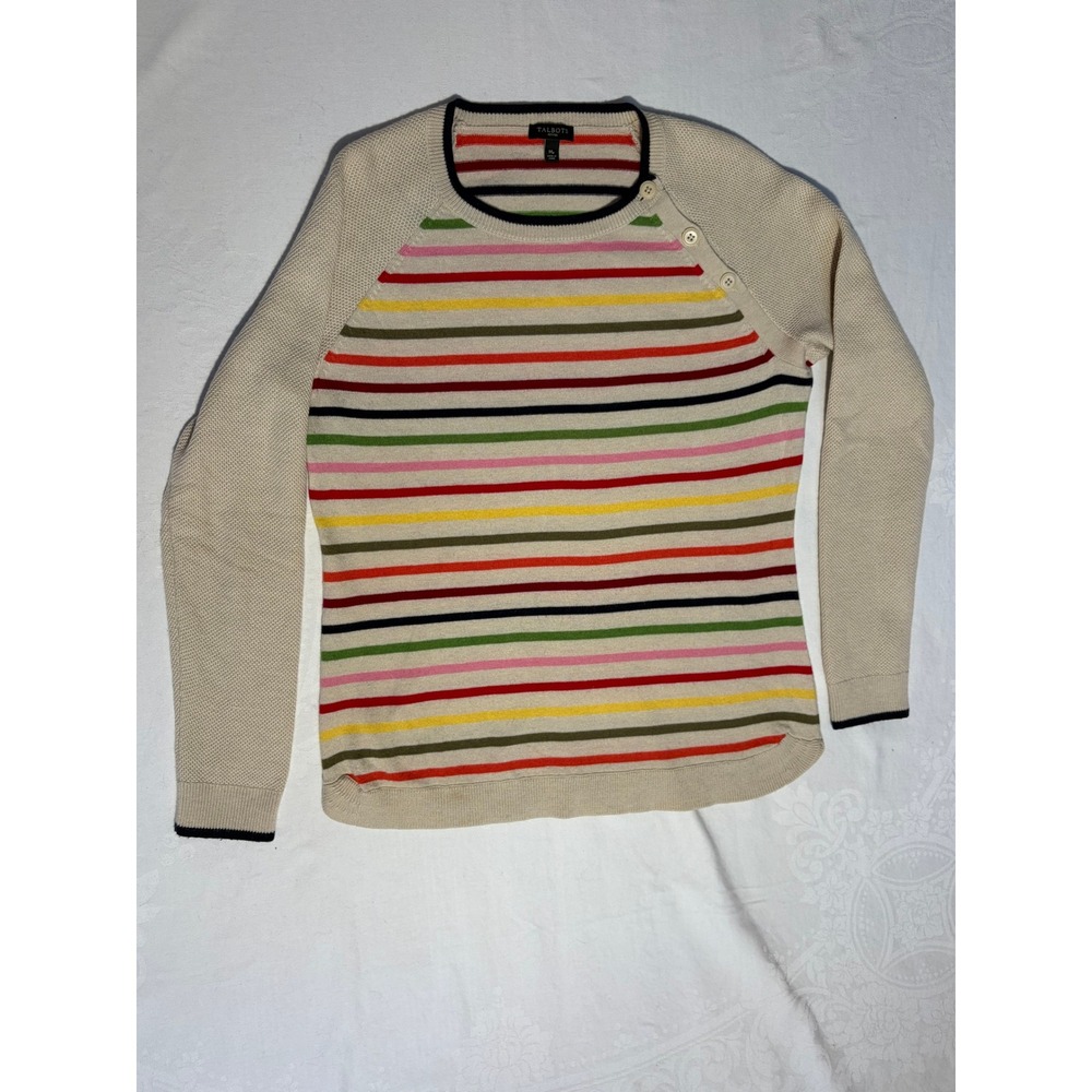 Talbots Petites Women MP Cream Multi Color Striped Button Shoulder Sweater